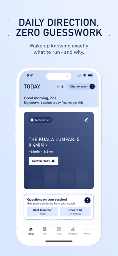 Coopah: The Run Coaching App - Coopah app dashboard showing a scheduled interval run session with options to chat with human and AI coaches.