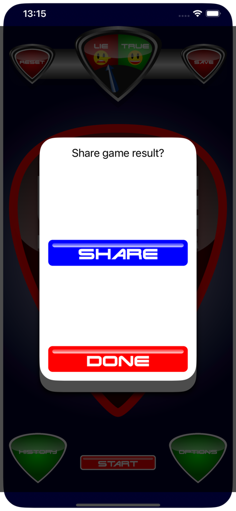 Lie Detector Test - Tela de compartilhamento de resultado de jogo do aplicativo Teste do Detector de Mentiras