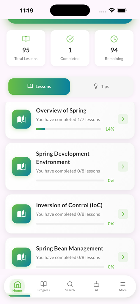 Startbildschirm mit Spring Java-Coding-Lektionen und Kursfortschritt