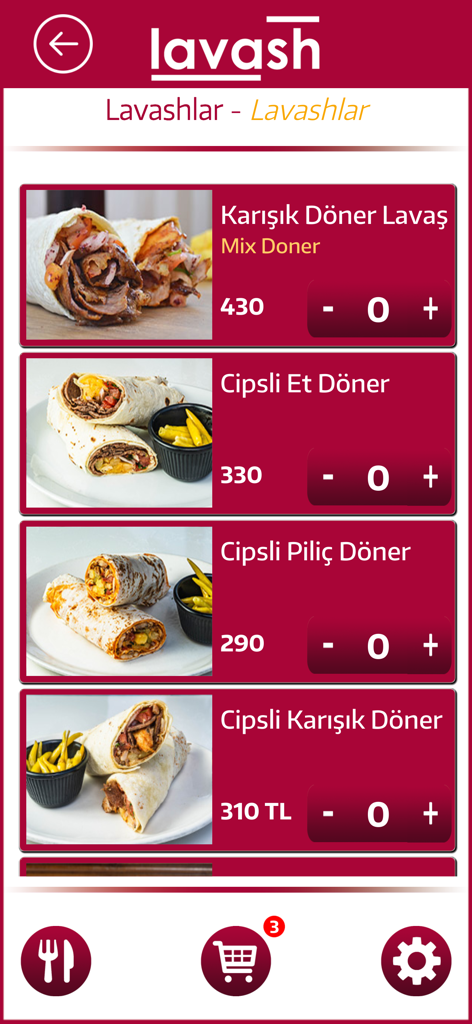 Lavash mobile app screen displaying a menu of different doner wraps with images and ordering buttons