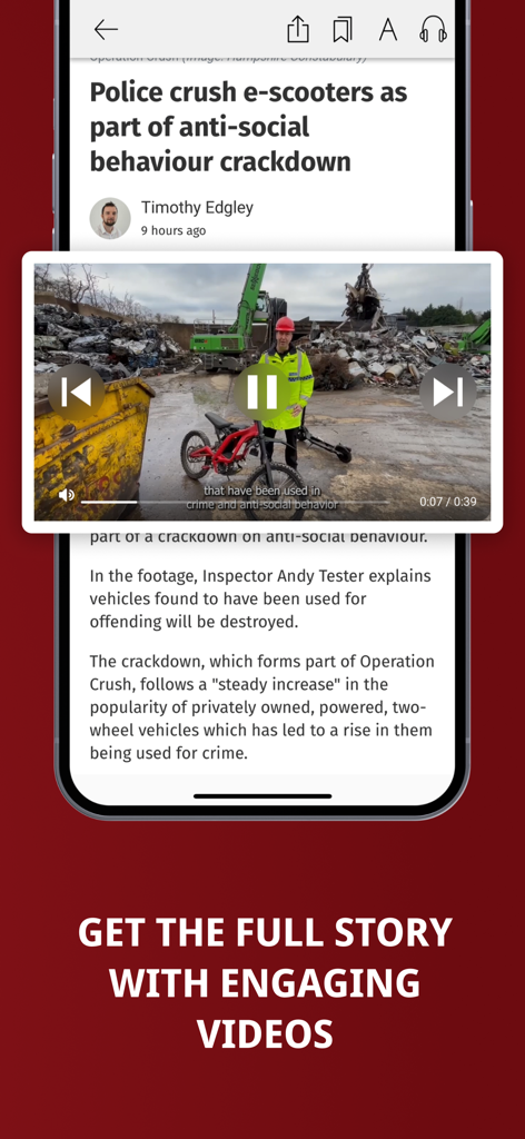 The Argus - Captura de pantalla de la aplicación The Argus mostrando un artículo de noticias con una función de reproductor de video integrado.