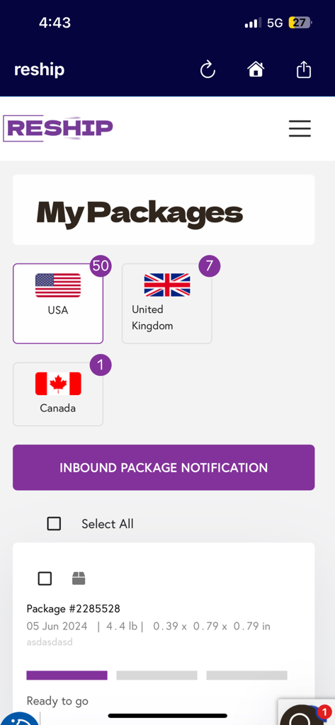 Interface do aplicativo móvel Reship mostrando a tela Meus Pacotes com endereços de envio internacionais para EUA, Reino Unido e Canadá