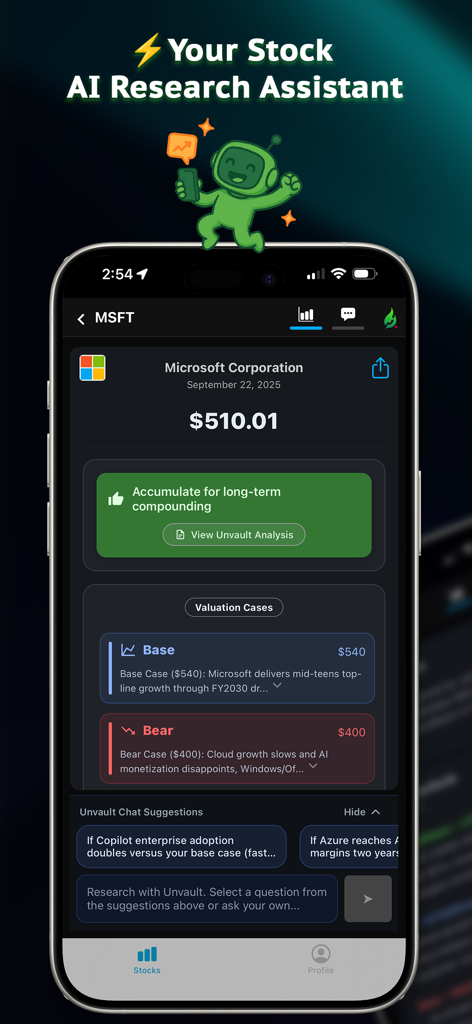 Unvault AI mobile app screen showing Microsoft stock valuation cases and research assistant insights.