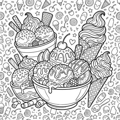 Explore a delightful scene packed with creamy ice cream and gelato, perfect for teens who love sweet treats and detailed coloring. This engaging template offers a fantastic way to relax and express your creativity with an abundance of delicious elements.