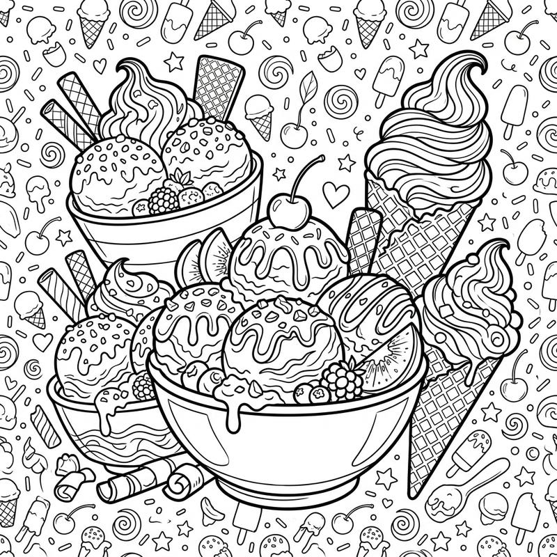Explore a delightful scene packed with creamy ice cream and gelato, perfect for teens who love sweet treats and detailed coloring. This engaging template offers a fantastic way to relax and express your creativity with an abundance of delicious elements.