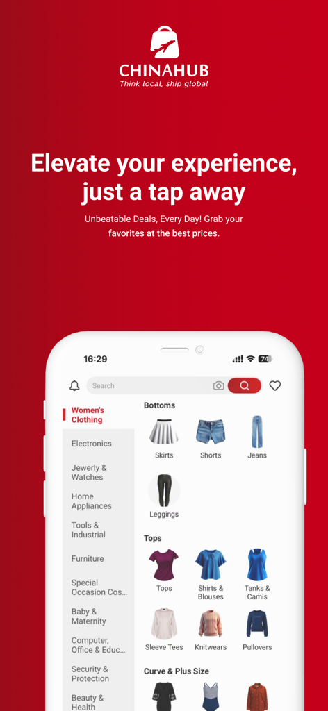 Chinahub Pro mobile app interface showing womens clothing categories and sourcing options