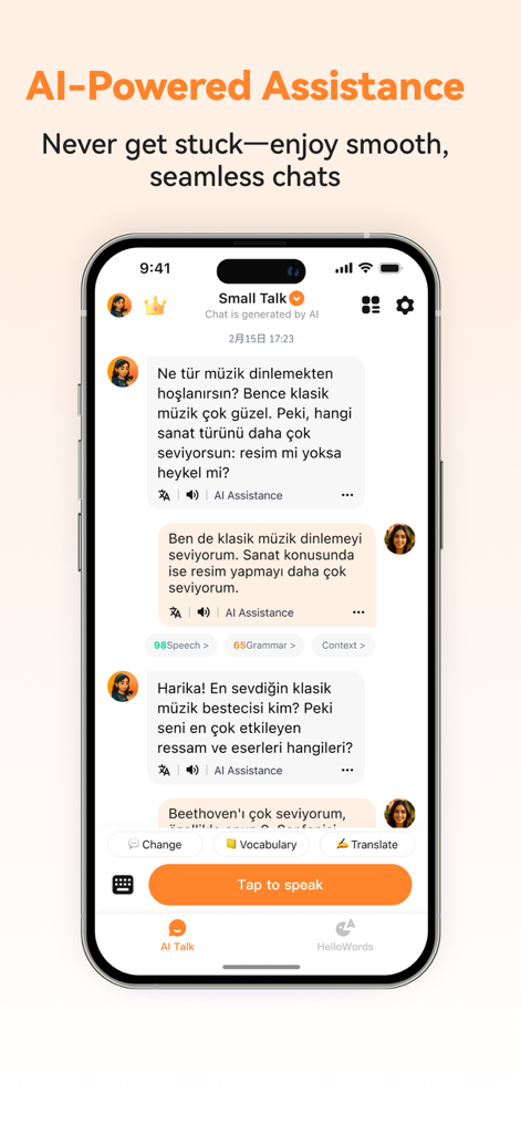 Smartphone screen showing an AI-powered Turkish conversation with translation and vocabulary assistance.