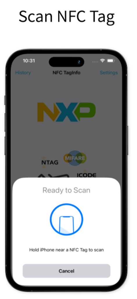 NFC TagInfo by NXP app ready to scan prompt on iPhone screen