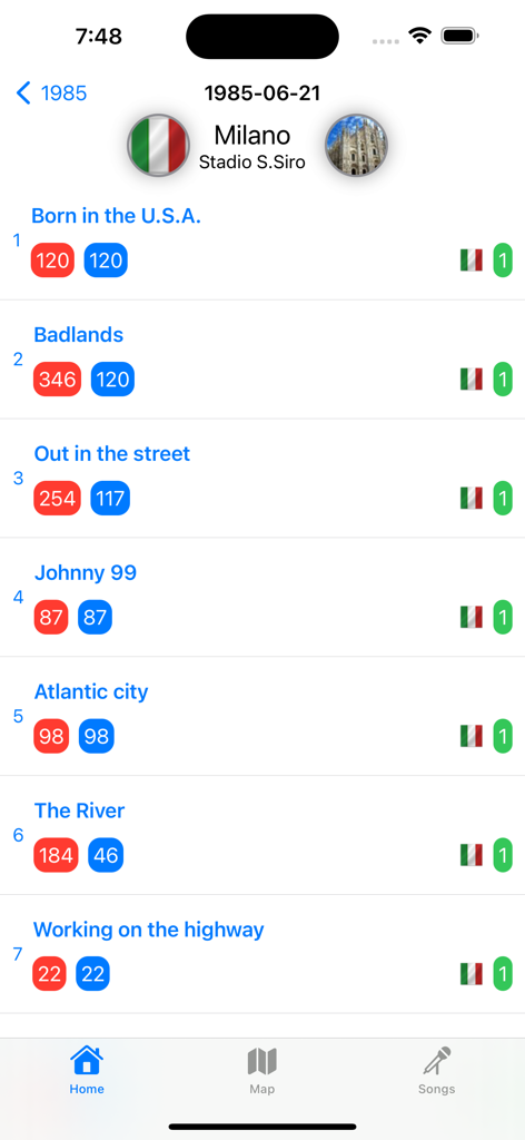 Bruce Concerts app displaying the June 21 1985 Milano setlist with song statistics