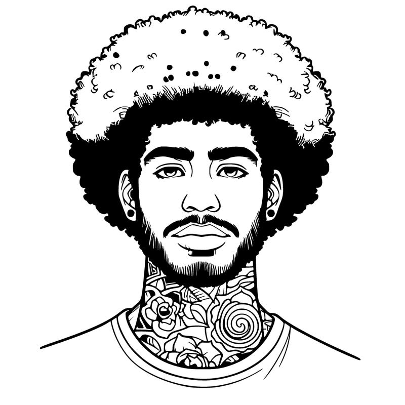 realistic man with afro and tattoo