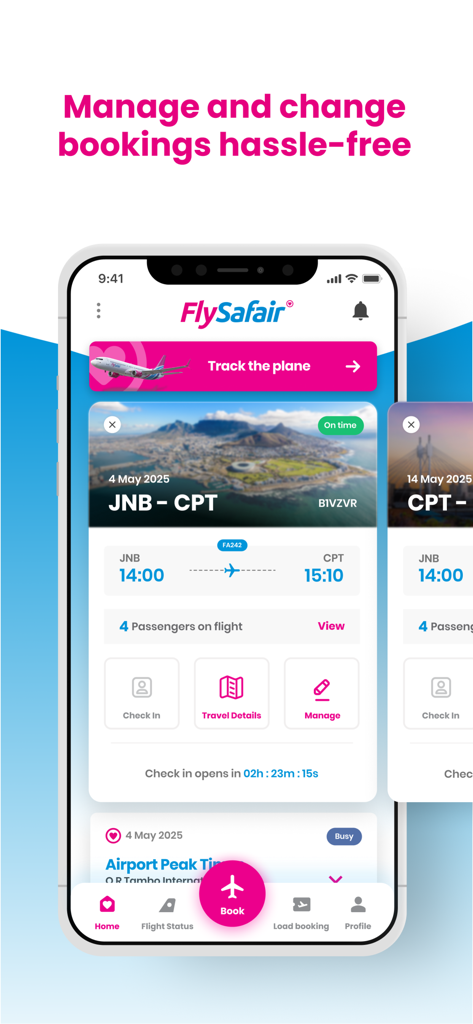 FlySafair - Mobile screen of the FlySafair app showing flight booking management and plane tracking features