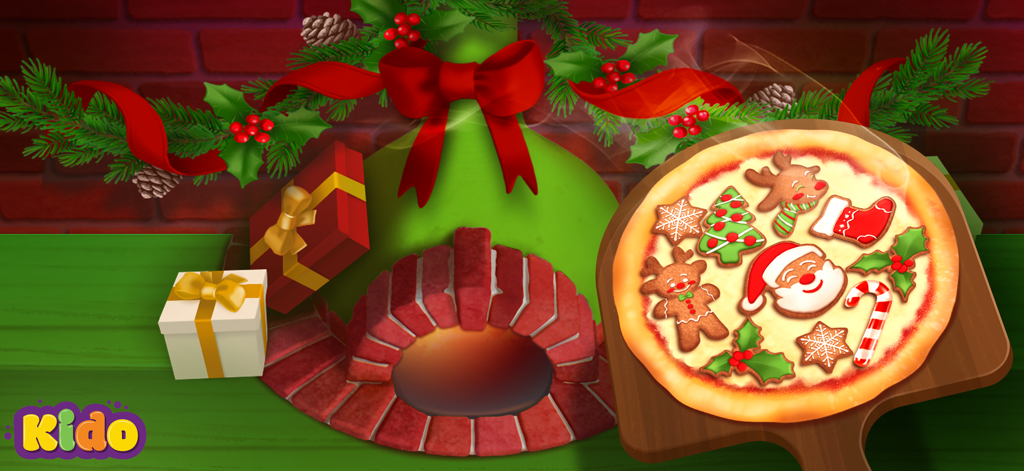 Pizza Games Baking for Kids - Una pizza temática navideña con ingredientes de Santa y renos frente a un horno decorado festivamente.