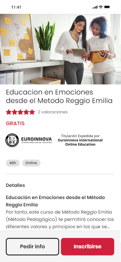 Pantalla de la aplicación móvil de Euroinnova que muestra un curso gratuito online de educación emocional