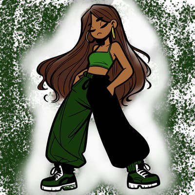 girl in baggy pants crop top and long hair