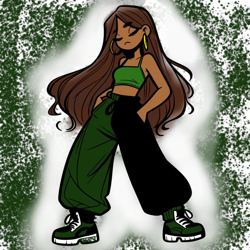 girl in baggy pants crop top and long hair