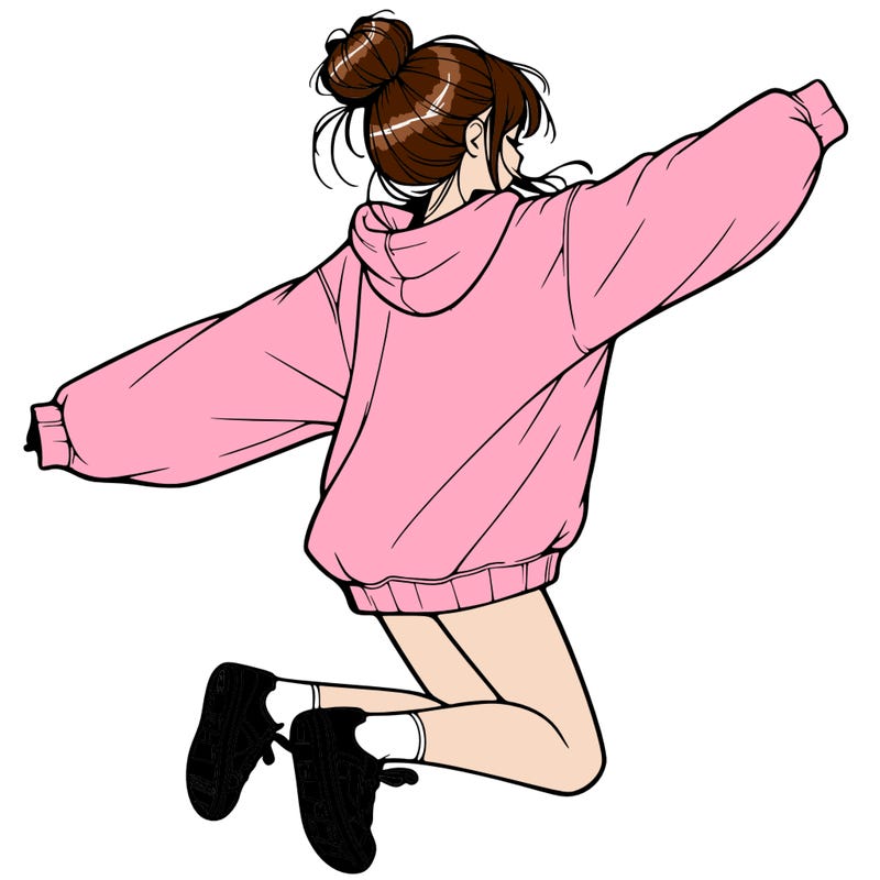 realistic girl jumping with a bun and oversized sweatshirt