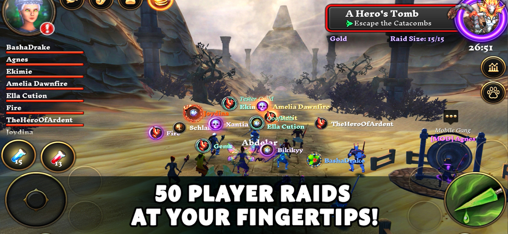 Villagers & Heroes - Gameplay du MMORPG Villagers and Heroes montrant un groupe massif de joueurs participant à un raid dans un décor fantastique désertique.