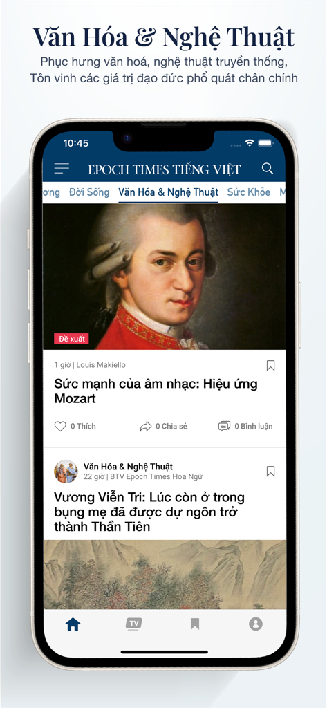 Screenshot della sezione Cultura e Arte dell'app Epoch Times Tiếng Việt con un articolo sull'effetto Mozart