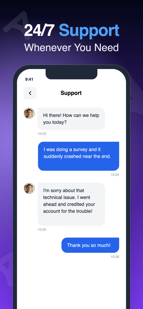AirPerks: Earn & Save Money - Interface de chat de suporte ao cliente do aplicativo AirPerks mostrando uma conversa de chat para assistência 24/7