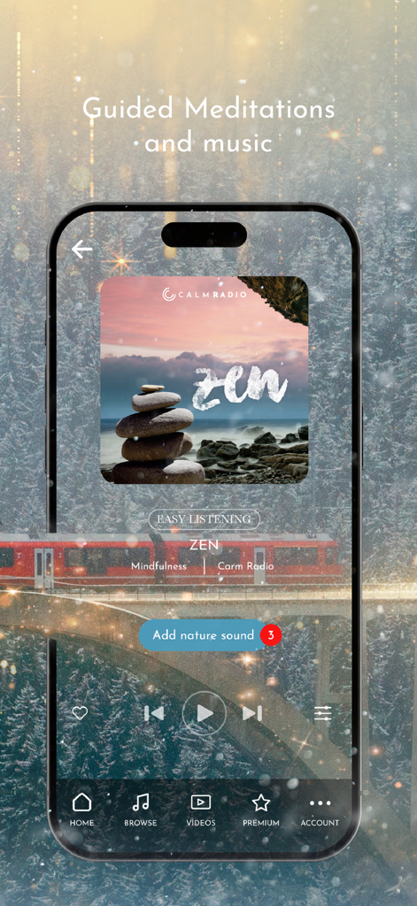 Calm Radio - Music to Relax - Pantalla de smartphone mostrando la aplicación Calm Radio reproduciendo música de meditación Zen con un botón mezclador de sonidos de la naturaleza