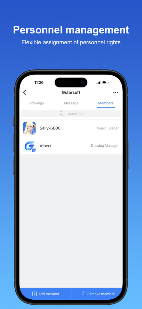 GstarCAD - GstarCAD mobile app personnel management screen displaying project members and their assigned roles.