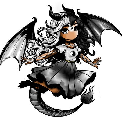 realistic girl with dragon horns and dragon wings flying gracefully