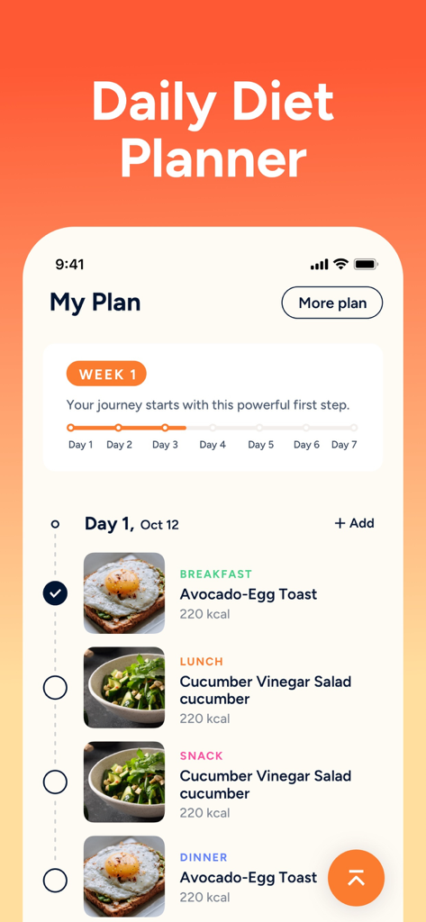 Eato®: Calorie Counter - Daily diet planner screen in the Eato app showing a weekly meal log with avocado egg toast and cucumber salad