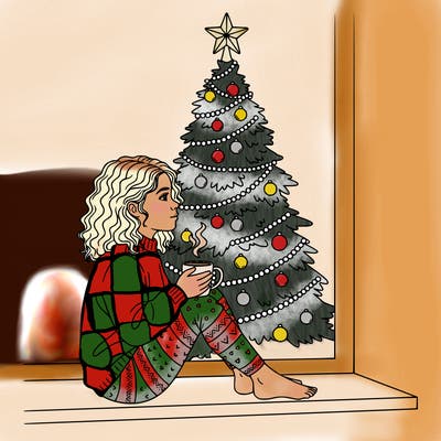 a girl sitting in the window with a cofee and behind she is a chrismas tree
