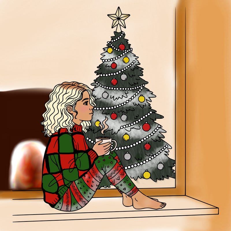 a girl sitting in the window with a cofee and behind she is a chrismas tree