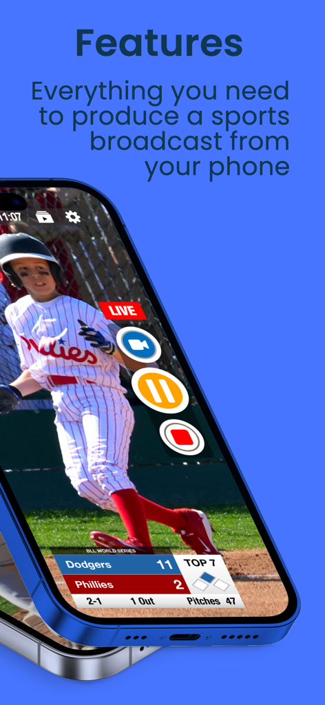 App ScoreCam su iPhone che mostra una trasmissione sportiva live di baseball con un tabellone integrato