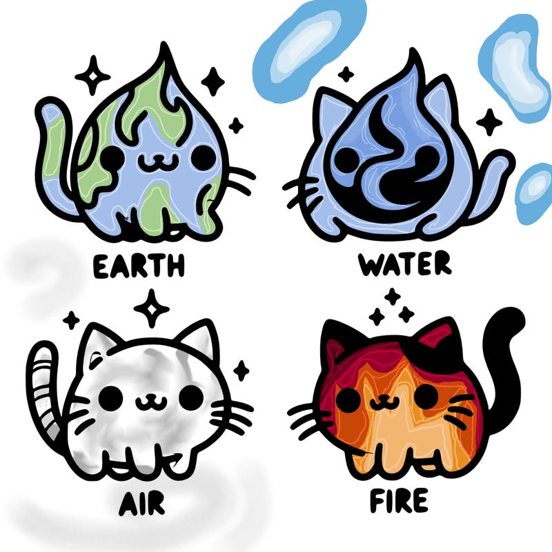 4 cats that represent the different elements, earth, water, air, and fire