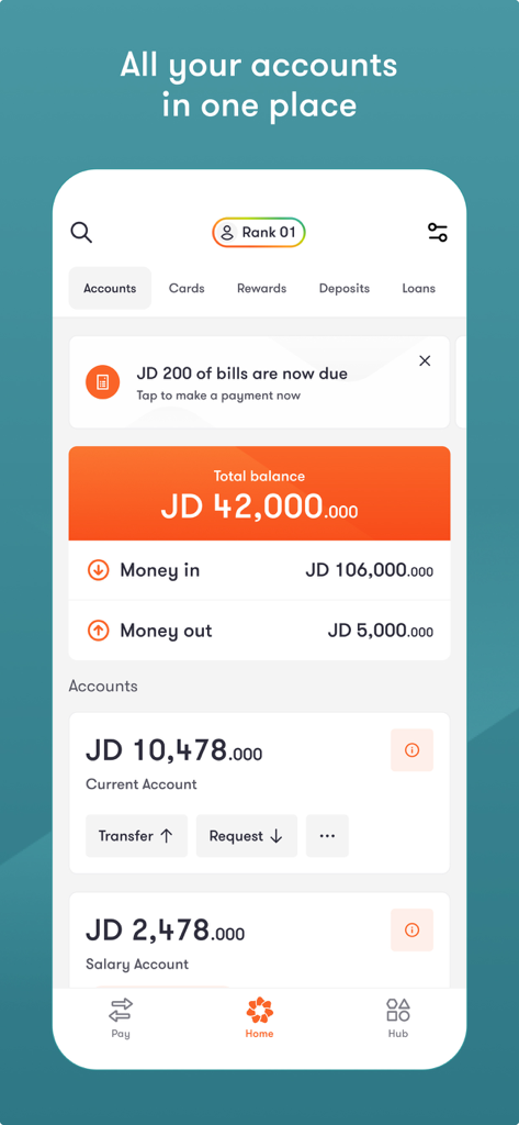 Bank al Etihad | بنك الإتحاد - Benutzeroberfläche der mobilen App der Bank al Etihad mit einem Finanz-Dashboard mit Kontoständen und Transaktionsübersichten