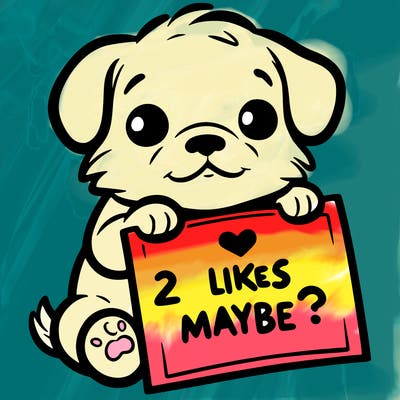 a puppy holding a sign that says 2 likes maybe?