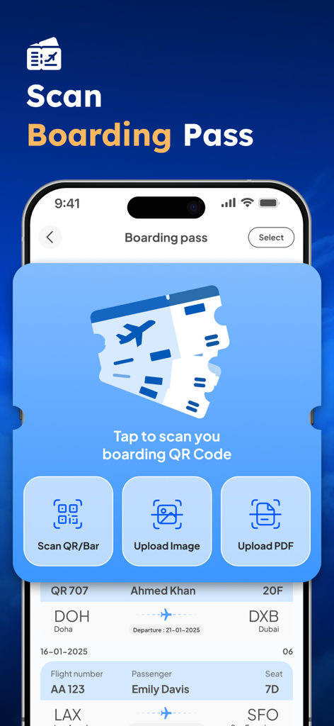 Flight Radar - Live Tracker - Interface showing options to scan a boarding pass using a QR code or by uploading an image or PDF