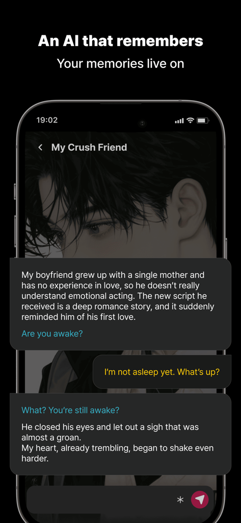 Caveduck-Meet Your AI Friends - A mobile app screenshot of Caveduck showing a romantic AI roleplay conversation with a character memory feature.