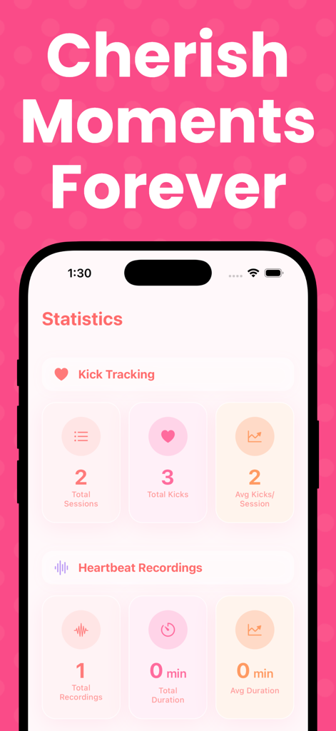 Pregnancy Tracker: LovelyBeats - The statistics screen of the LovelyBeats app showing summaries for baby kick tracking and heartbeat recordings in a soft pink interface.