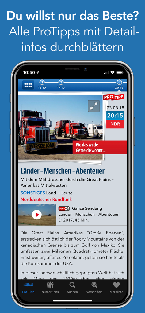 Screenshot of TV Pro Classic app showing detailed program information with images and descriptions for a television broadcast