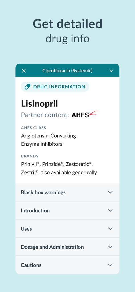 AMBOSS Medical Knowledge - AMBOSS Medical Knowledge app interface showing detailed drug information for Lisinopril