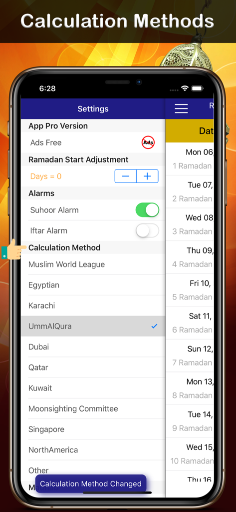 Ramadan Calendar app interface showing the calculation methods settings for prayer and fasting times