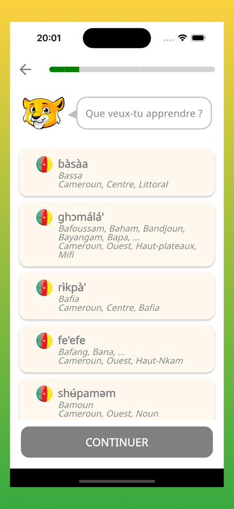 Language selection screen in the Bibala app showing a list of Cameroonian dialects like Basaa and Ghomala