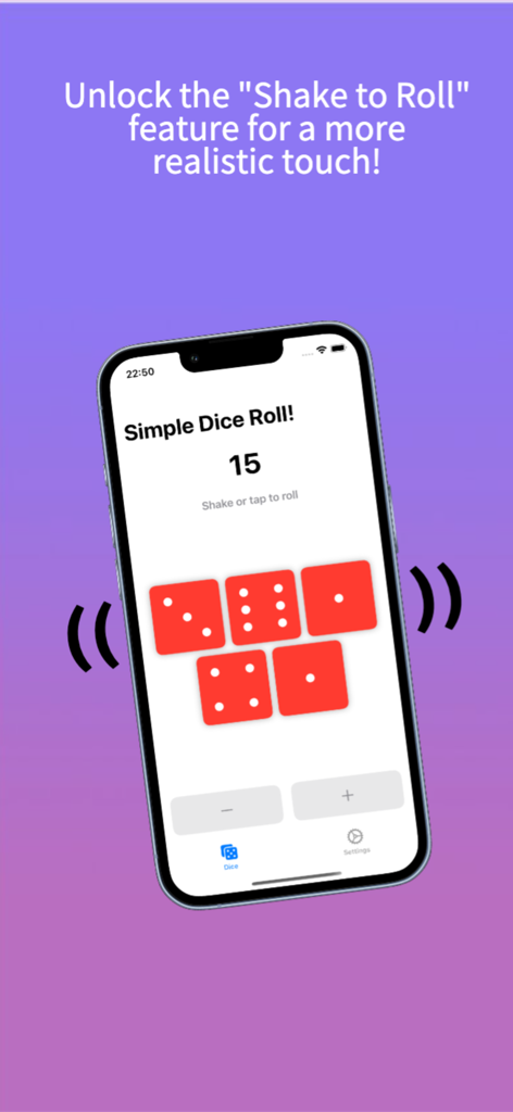 Simple Dice Roll! - Un iPhone mostrando la aplicación Simple Dice Roll! destacando la función premium Agitar para Tirar con cinco dados rojos en pantalla.