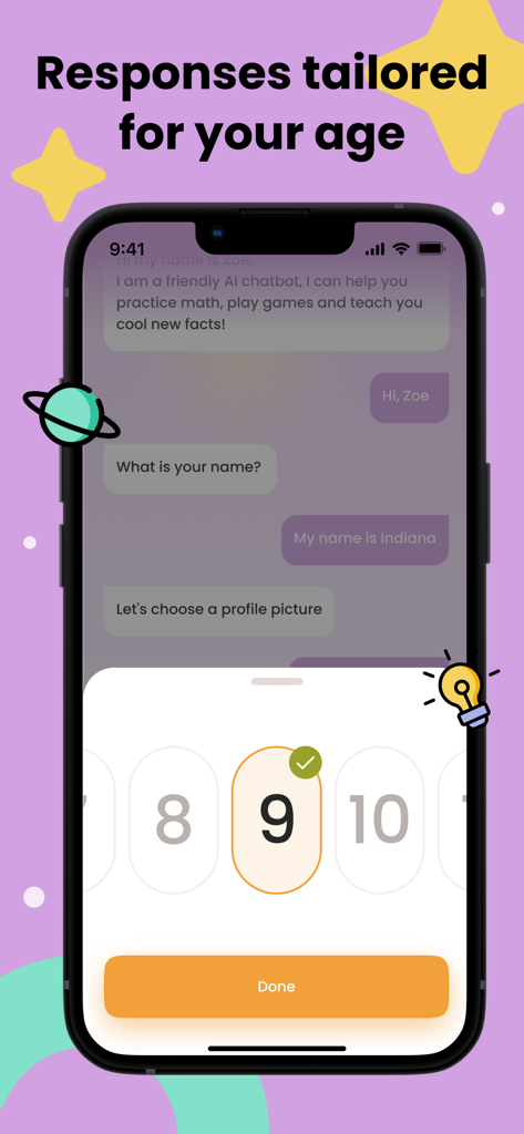 Safe AI Chat Bot for Kids・Zoe - Age selection screen in the Zoe AI app showing responses tailored for a child's age.