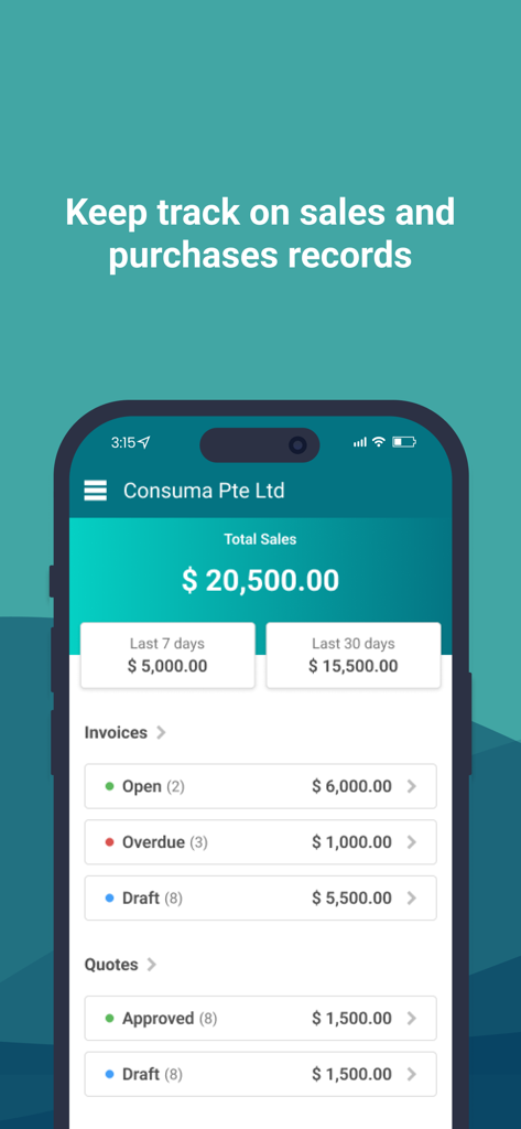 ABSS / Financio CONNECT - Mobile app screen showing a business sales dashboard with total sales and invoice tracking