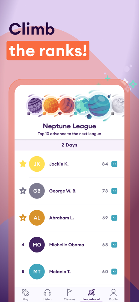 La tabla de clasificación de la Liga de Neptuno en la aplicación Yuno que muestra las clasificaciones de los usuarios y los puntos de conocimiento.