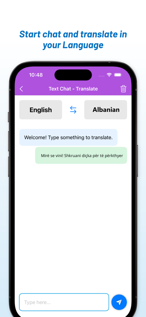 Interface de l'application Traduction Anglais Albanais affichant une traduction de chat textuel entre l'anglais et l'albanais.