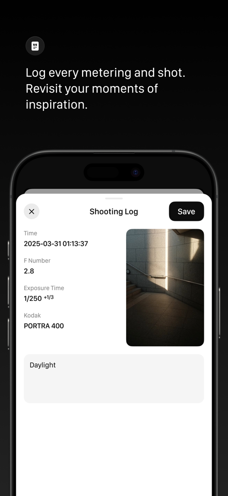 Light Meter - Film Exposure - Interface de l'application Light Meter montrant un journal de prise avec les réglages d'exposition et les données de pellicule pour Kodak Portra 400.