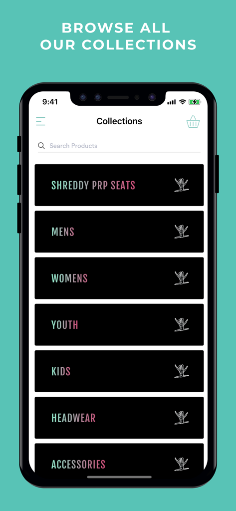 Shreddy - The Shreddy mobile app collections screen showing categories for men, women, youth, kids, headwear, and accessories.