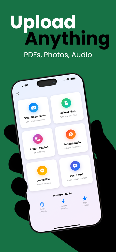 Laxu AI: Quiz & Flashcards - Laxu AI app screen displaying various study material upload options including documents and audio