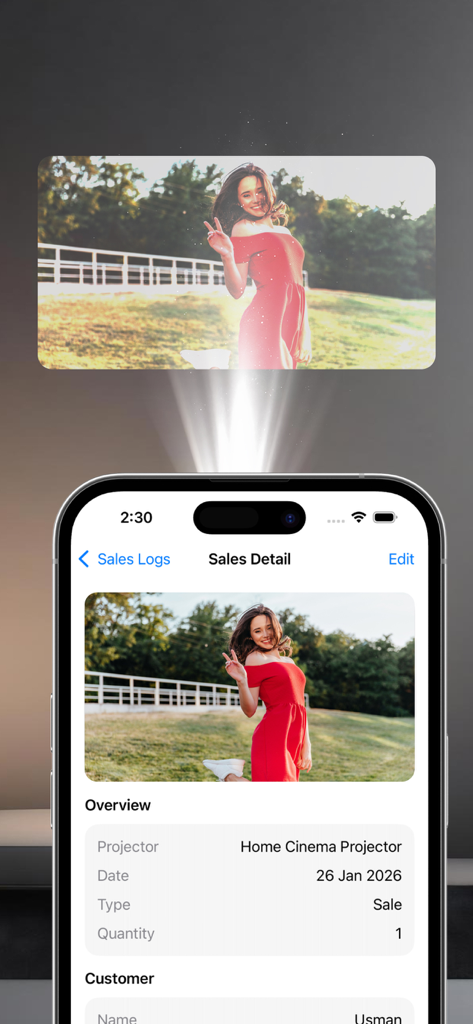 Mobile Projector Media - Mobile Projector Media app screen showing video project details and a simulated projection above the device
