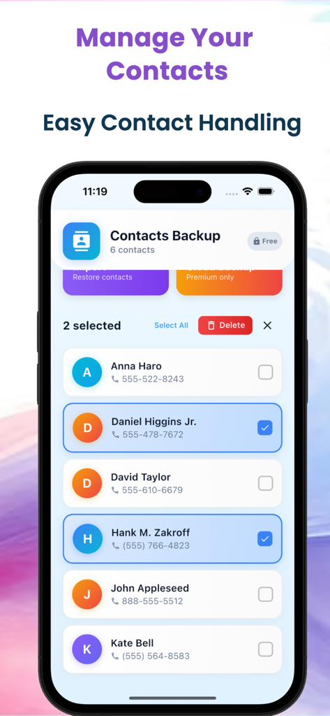 Contacts Backup : Pro - Smartphone screen showing the Contacts Backup Pro app interface for selecting and managing contact lists